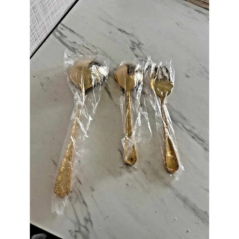 WM Rogers & Son Gold Tone Serving Spoon Meat Fork Soup Ladle Enchanted Rose A